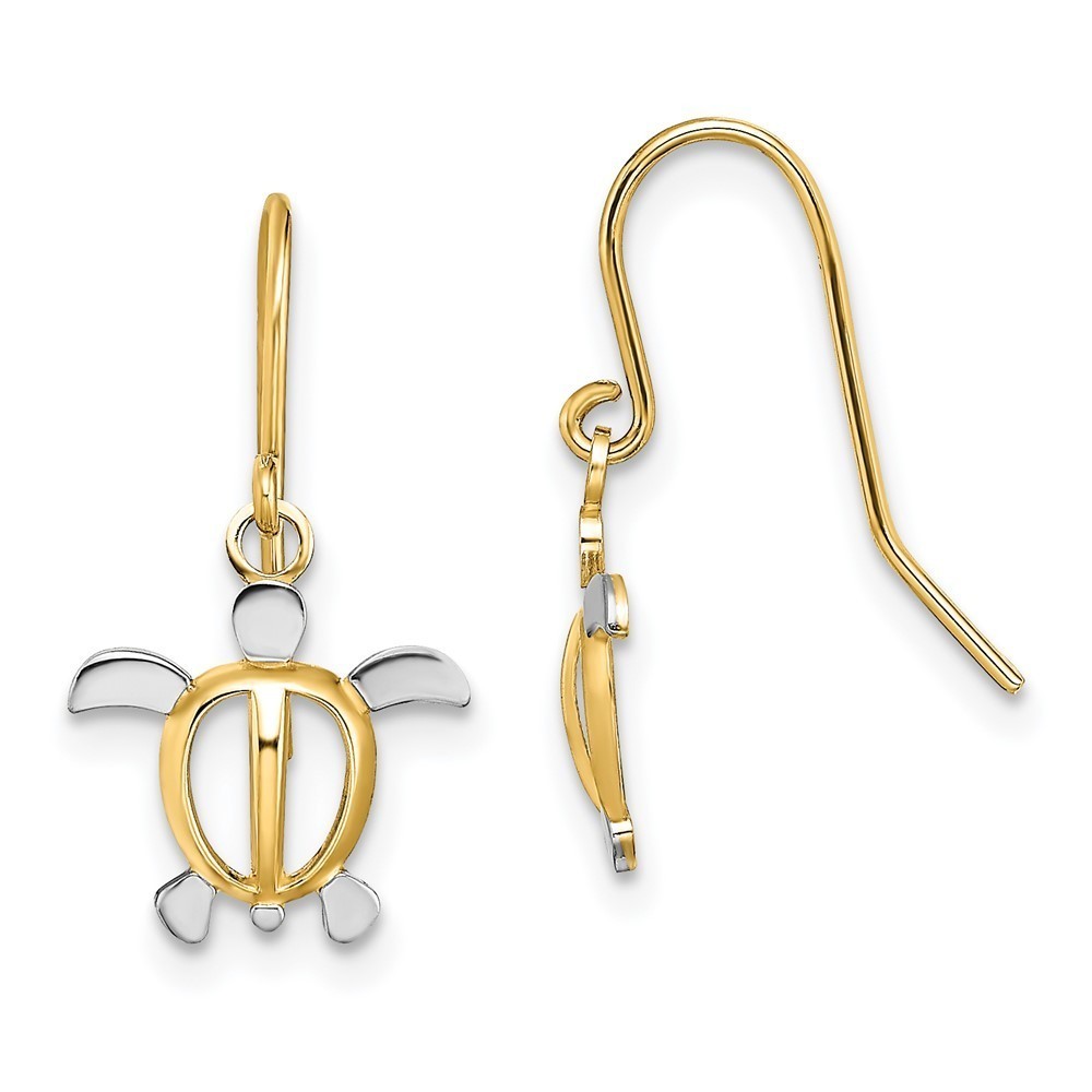 14k Yellow Gold Mini W/ Rhodium Sea Turtle Dangle Earrings